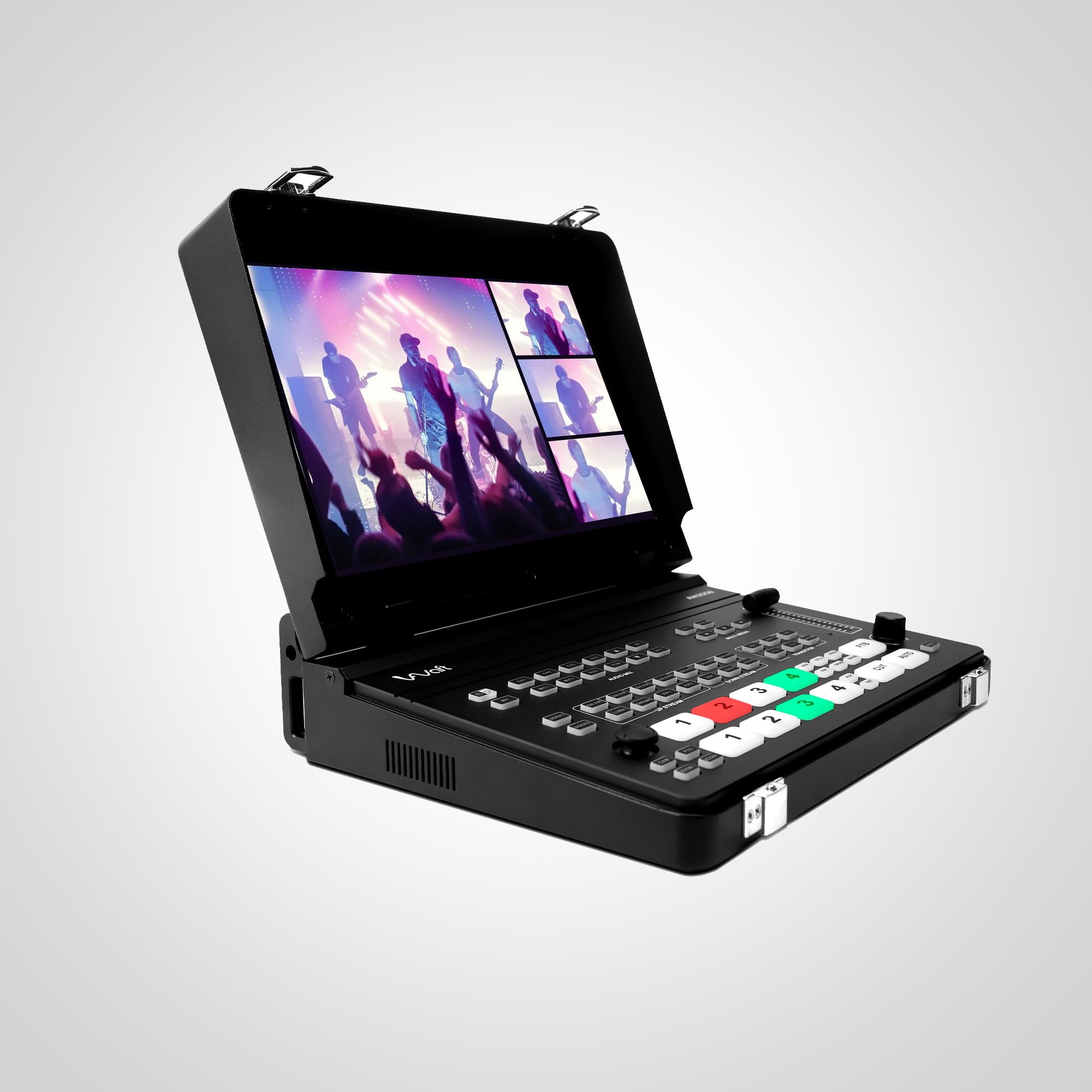 Portable AIWaft HDMI/SDI Video Mixer with a 10-inch flip screen, showcasing a live concert video editing setup.